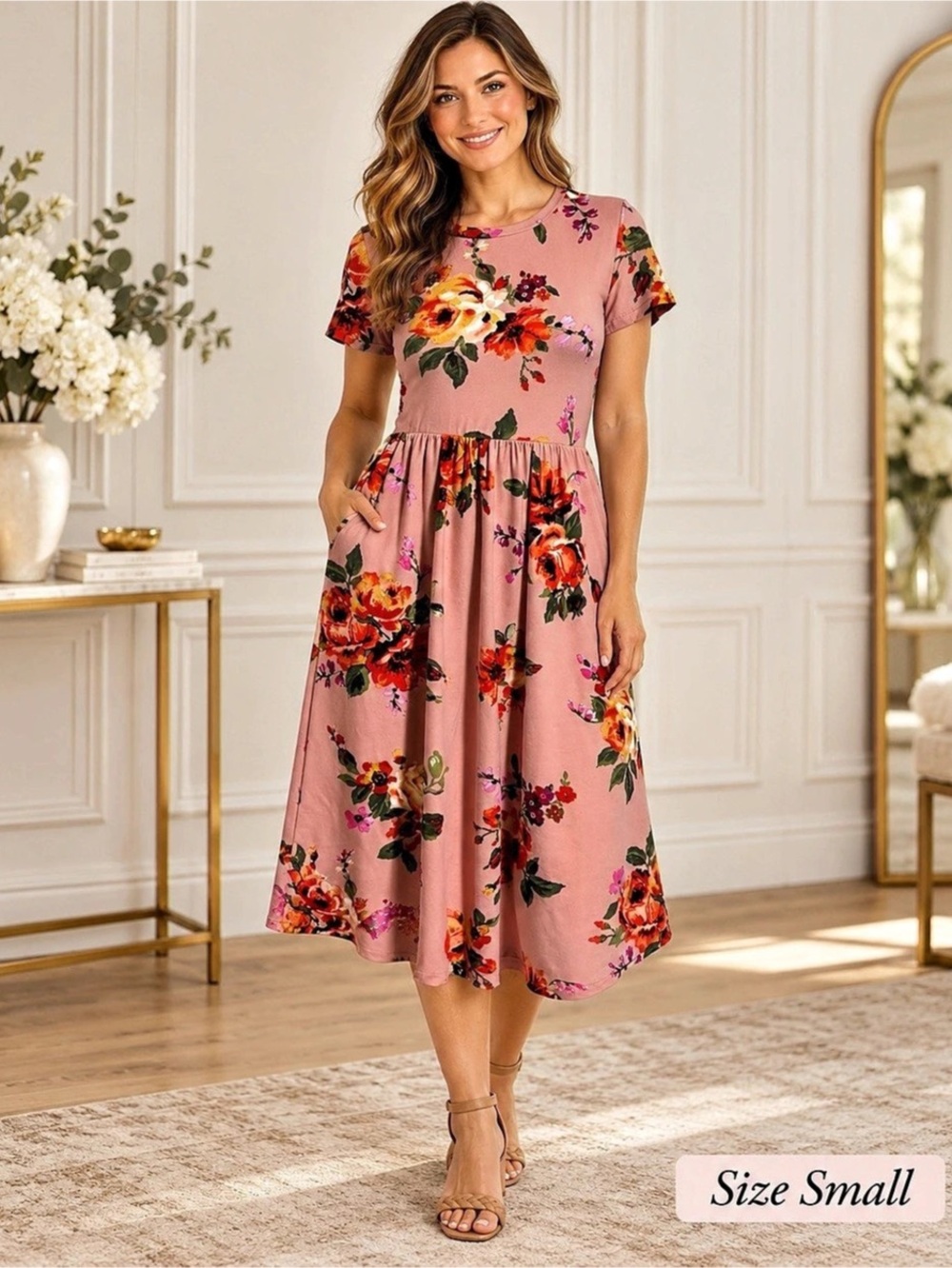 Reb & J. Small Dusty Pink Floral Midi Dress with Pockets
Size Small